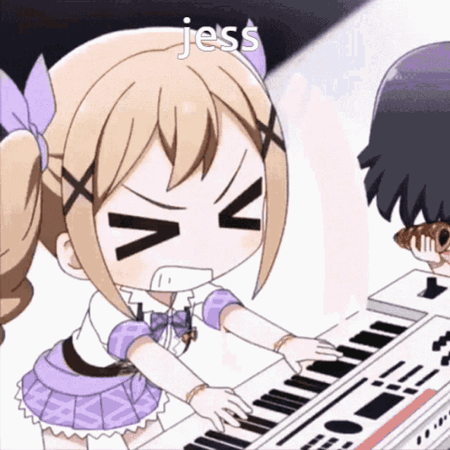a girl is playing a keyboard and the word jess is above her head