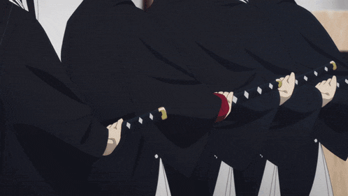 a person holding two swords in front of a flag with a circle on it