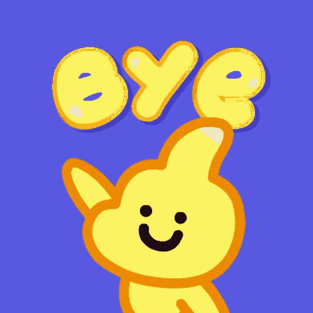 a yellow cartoon character with a thumbs up and the word bye above his head
