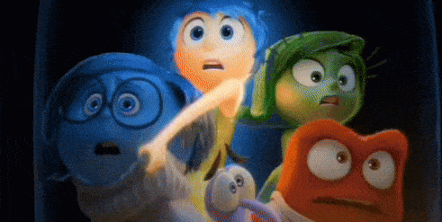 a group of cartoon characters are standing next to each other in a dark room