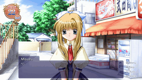 a video game screen shows a girl named misuzu standing in front of a store