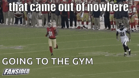 a football player is running on a field with a crowd watching and a caption that says `` that came out of nowhere . ''