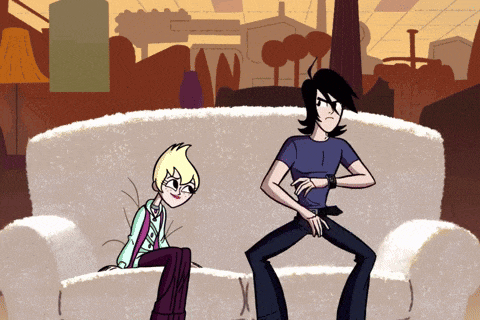 two cartoon characters are sitting on a couch and one is wearing a watch