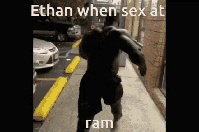a man is running down a sidewalk with the words ethan when sex at ram