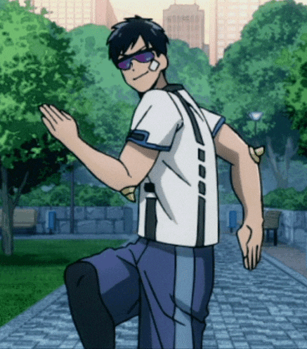 a man in a white shirt and blue pants is standing on one leg in a park .