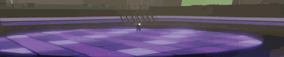 a person is standing on a purple and white dance floor in a dark room .