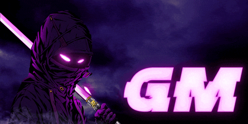 a person holding a purple sword with the word gm below