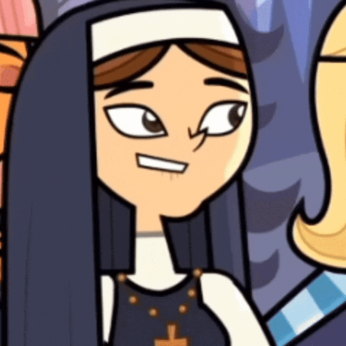 a nun from total drama is smiling and wearing a necklace with a cross .