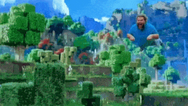 a man is flying through the air in a minecraft video game .