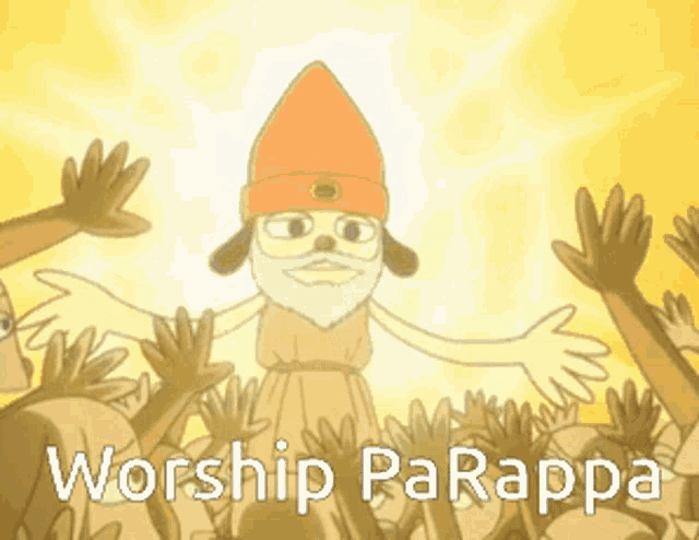 a cartoon of worship parappa is surrounded by a crowd