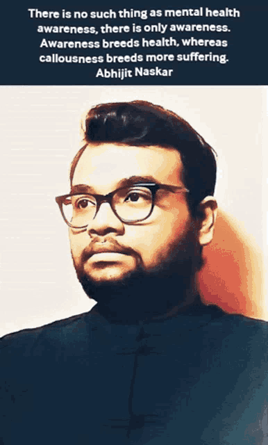 a man wearing glasses and a quote from abhijit naskar