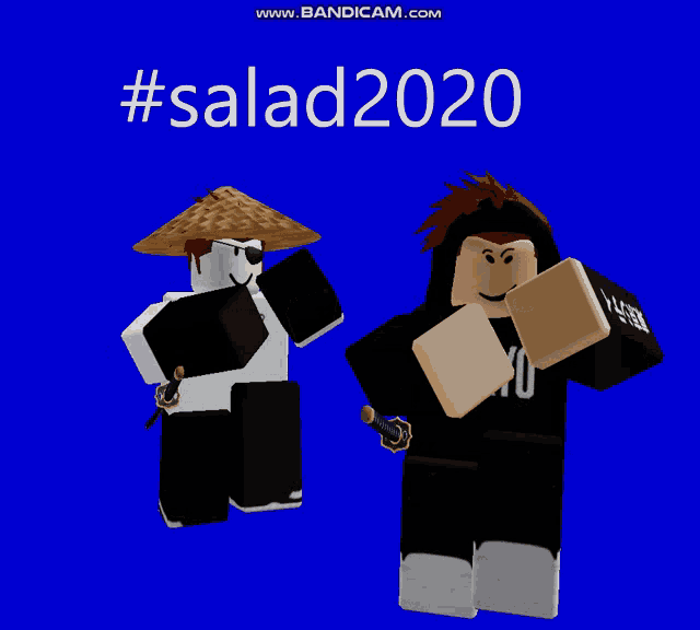 two roblox characters standing next to each other with a blue background and the words # salad2020