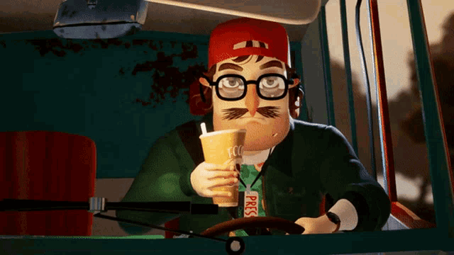 a man with glasses and a mustache is holding a cup that says press