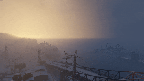 a screen shot of a video game shows a sunset over a body of water