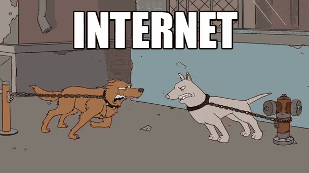 a cartoon of two dogs chained to a fire hydrant with the word internet written above them