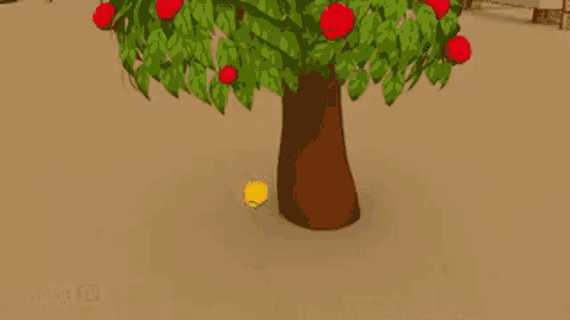 a cartoon tree with red apples and green leaves on a sandy ground .