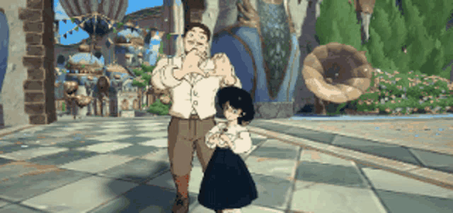 a man and a girl are standing on a checkered floor in a video game