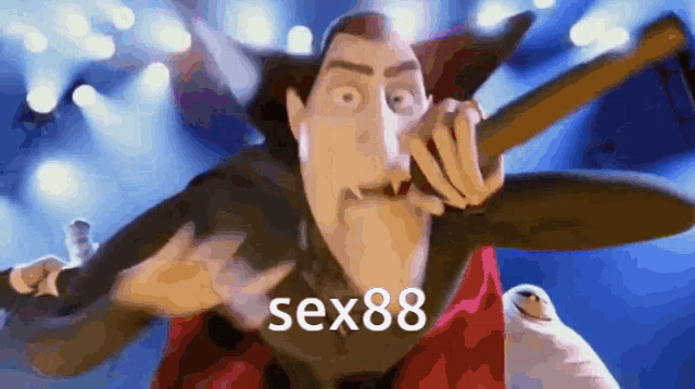 a cartoon of a vampire holding a microphone with the words sex88 above him
