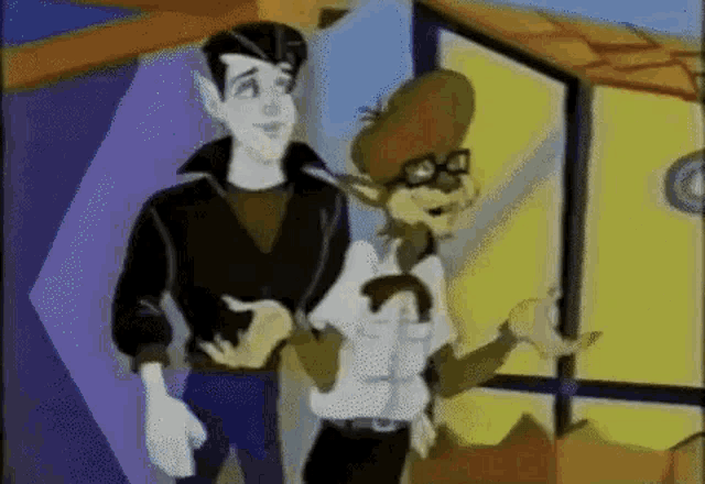 a couple of cartoon characters are standing next to each other in a room .