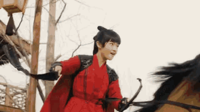 a young girl in a red dress is riding a horse .