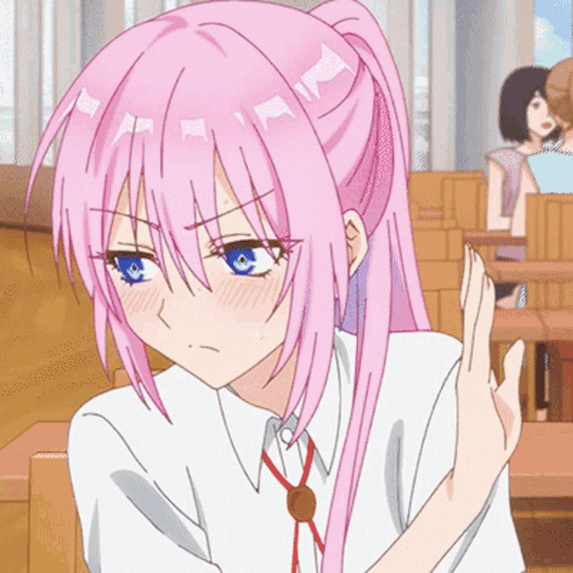 a girl with pink hair and blue eyes giving a thumbs down