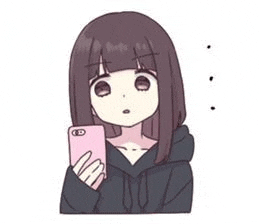 a cartoon girl is holding a pink cell phone .