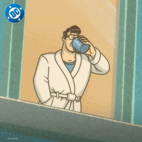 a cartoon of superman drinking from a cup with the dc logo