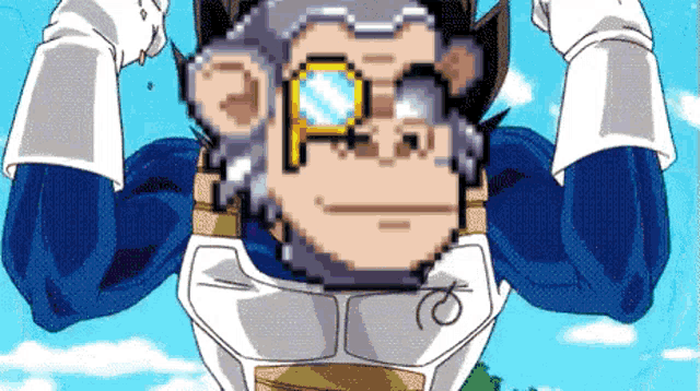a pixelated image of a monkey wearing glasses and a vest with the letter p on it