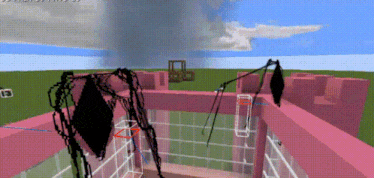 a computer generated image of a pink building with a skeleton in the middle