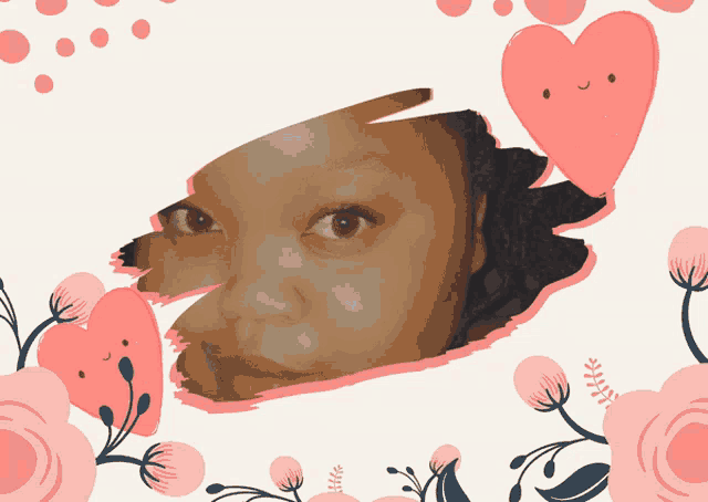 a picture of a woman 's face is surrounded by flowers and hearts