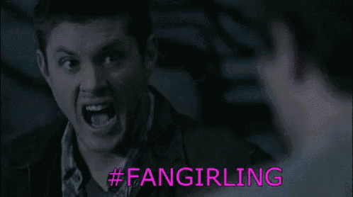 a man with his mouth open and #fangirling written in pink letters