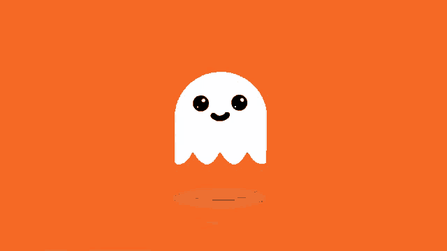 a cartoon ghost with a smiling face is floating in the air on an orange background