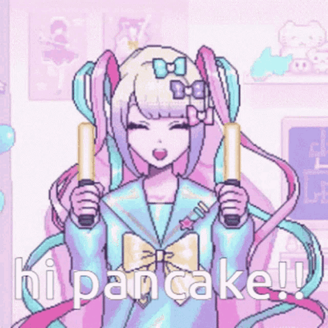 a pixel art drawing of a girl with pigtails holding a light stick and the words hi pancake