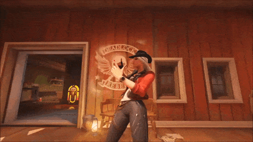 a man in a cowboy outfit is standing in front of a sign that says " deadliest rebel "