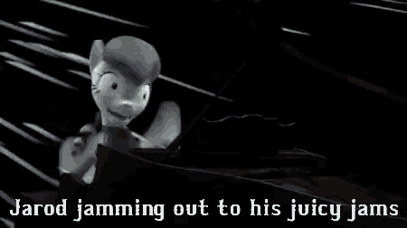 a cartoon of a pony wearing a purple hat with the words " jarod jamming out to his juicy jams " .