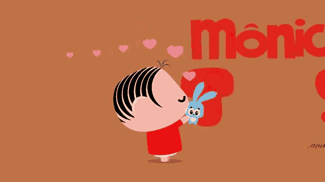 a cartoon character holding a stuffed animal with the word monica toy behind her