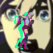a girl in a purple shirt is dancing in front of a man 's face