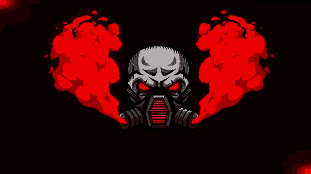 a cartoon drawing of a skull wearing a gas mask with red smoke coming out of it