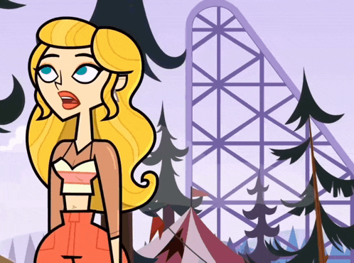a cartoon girl stands in front of a roller coaster and trees