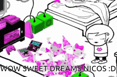 a cartoon of a girl standing in a room with the words wow sweet dreams nicos : d .