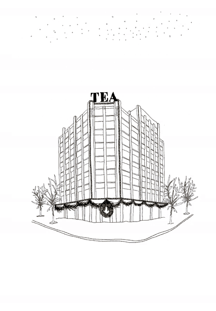 a drawing of a tall building with the word tea on the top