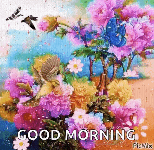 a good morning greeting card with flowers and birds .