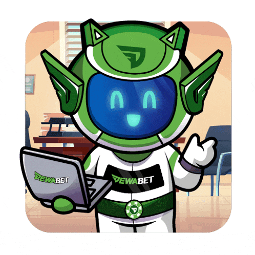 a cartoon character holding a laptop with the word dewabet on his chest