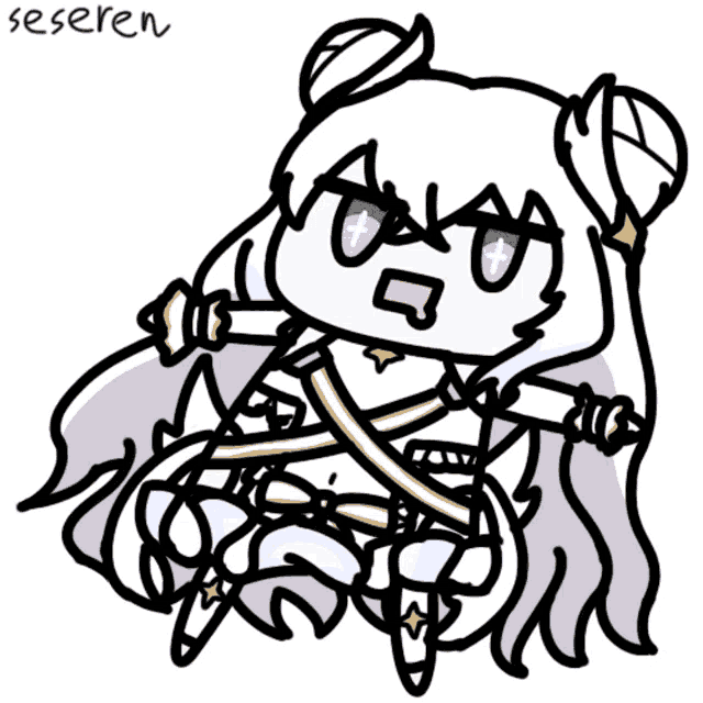 a black and white drawing of a girl with the name seseren on the bottom right