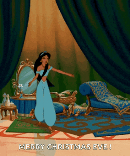 a cartoon of jasmine dancing with the words merry christmas eve