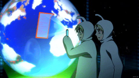 two cartoon characters are looking at a globe and one is holding a phone