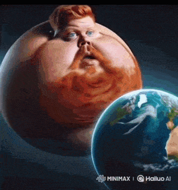 a cartoon of a fat man with a beard standing next to a globe