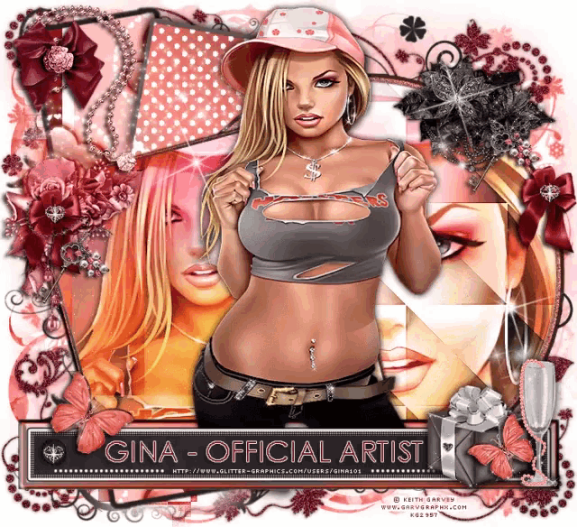 a picture of gina - official artist is surrounded by pink flowers