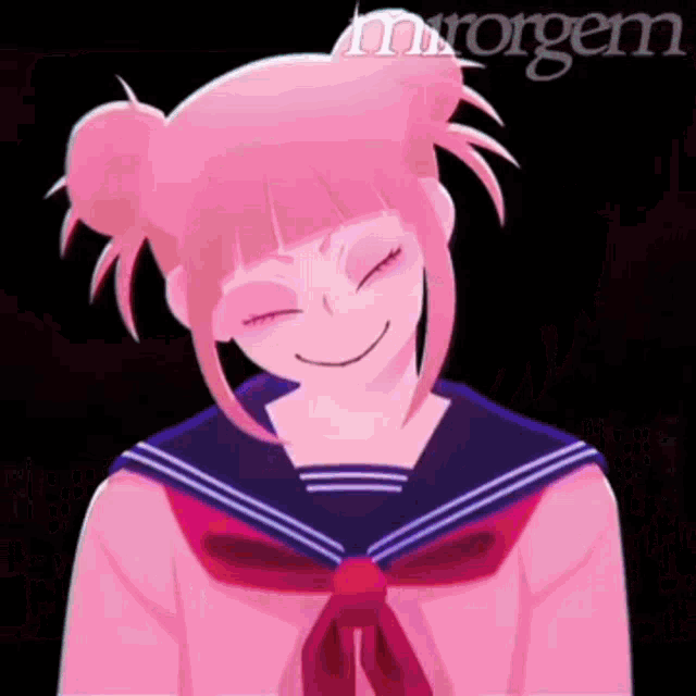 a girl with pink hair and a sailor suit is smiling