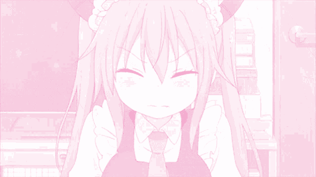 a pink and white anime girl with horns and a tie